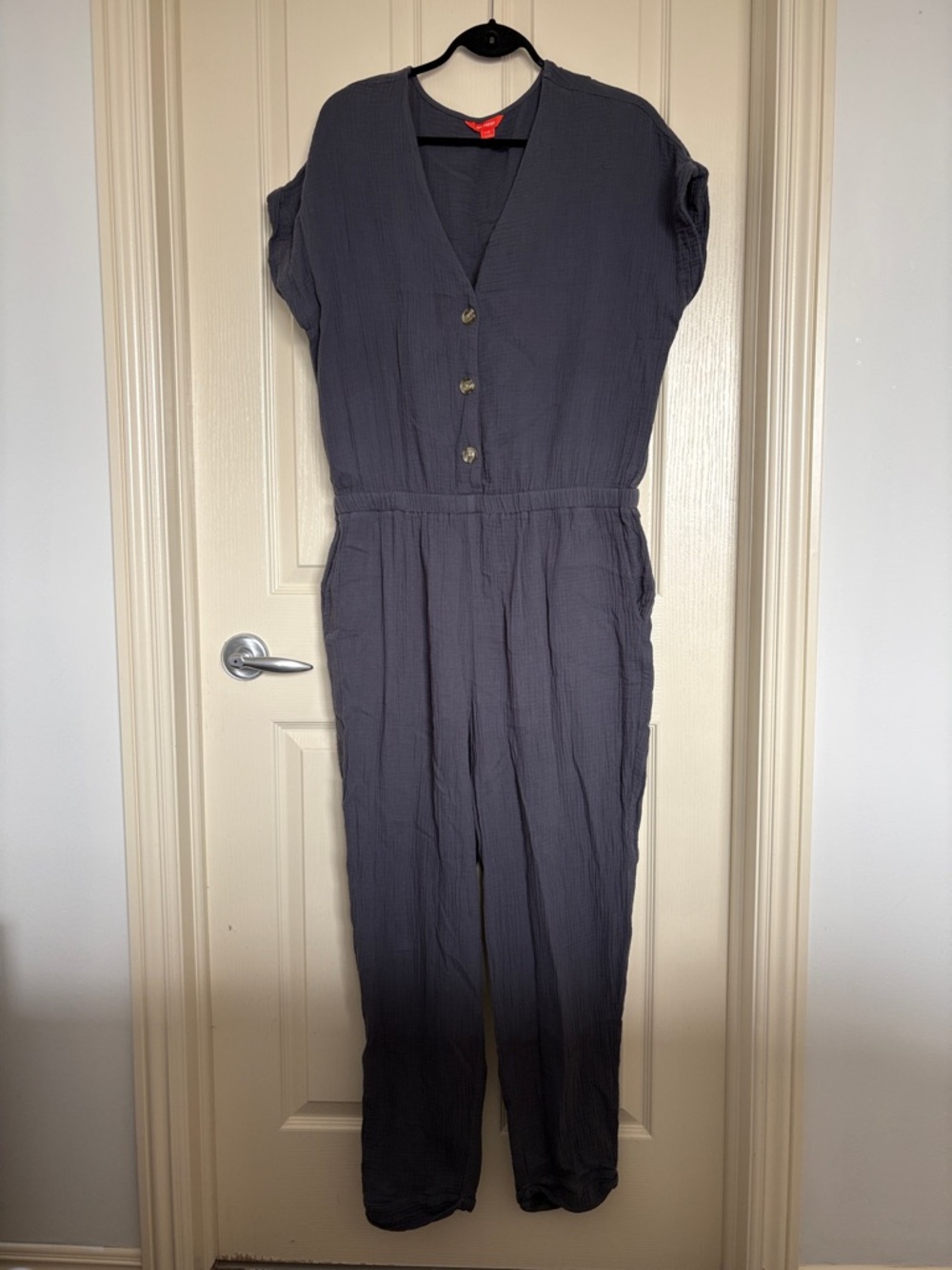Joe Fresh Slate Blue Button-Front Short-Sleeve Jumpsuit